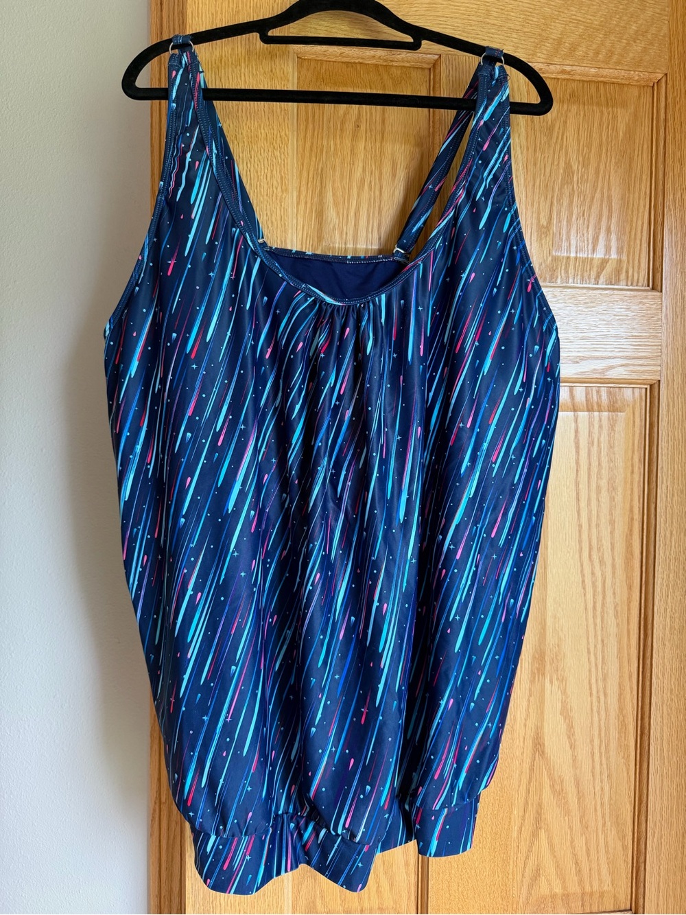 Yonique Plus Size Tankini Swim Top 24W Navy Blue Neon Abstract Stripe Blouson